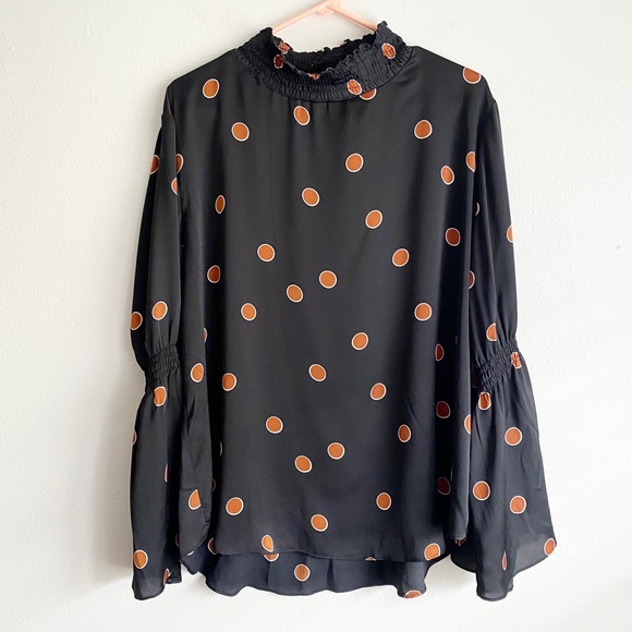 Waverly Grey Black With Orange Polka Dots Mock Neck Bell Sleeve Blouse Medium - Picture 1 of 9
